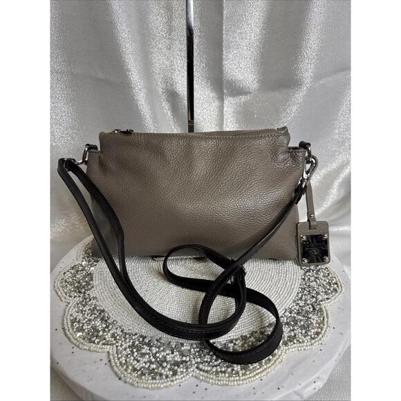 Valentina Pebbled Leather Taupe/grey Crossbody Bag 3 Compartments Purse - Picture 1 of 15
